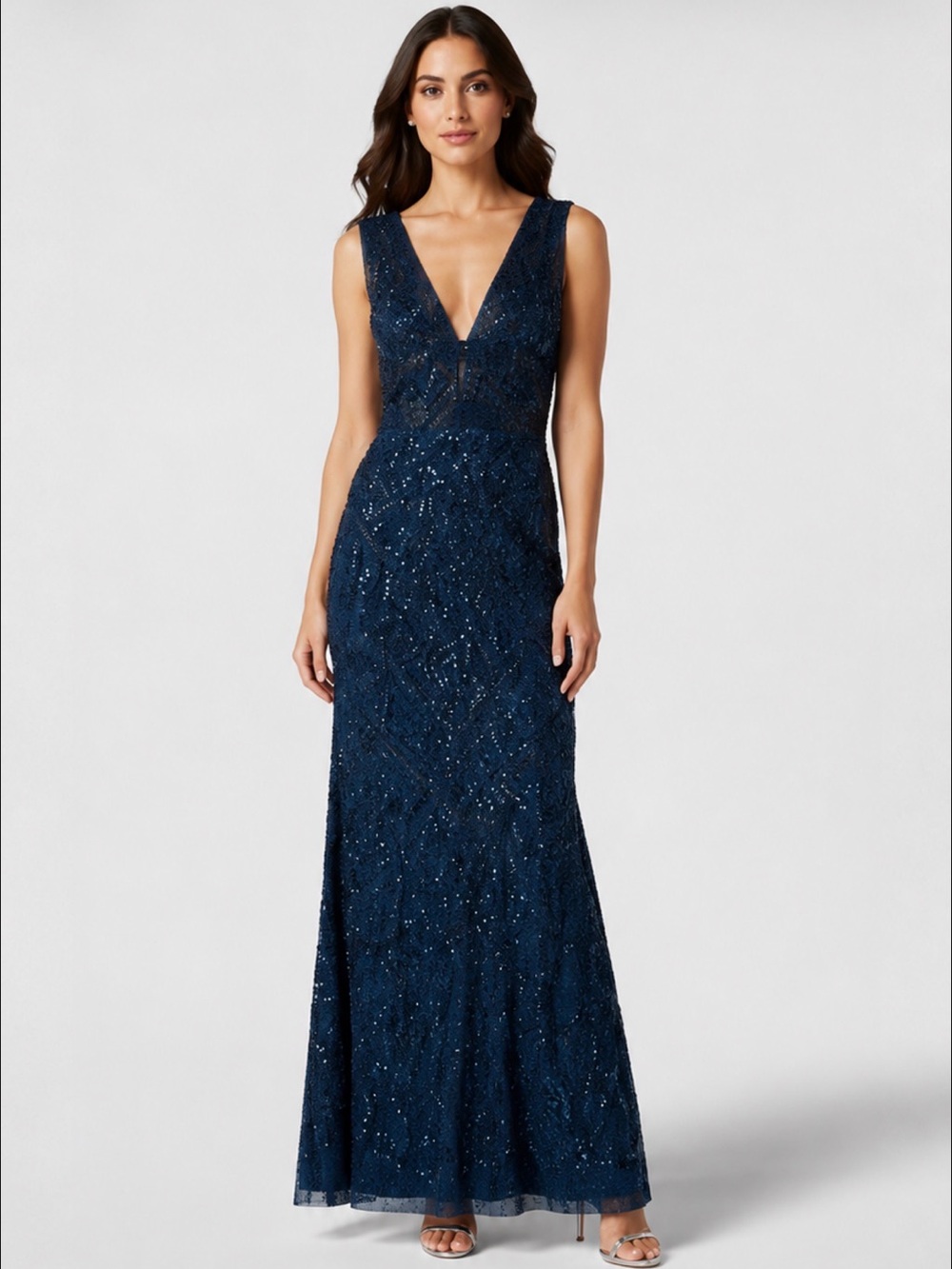 NWT Adriana Papell Deep Blue Beaded Long Gown Size 6